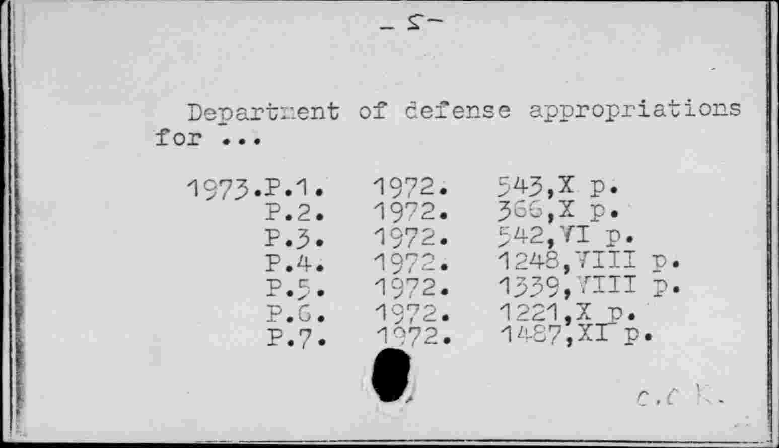 ﻿
Departnient of defense appropriations for ...
1973.P.1.	1972.	W,x p.
P.2.	1972.	366,X p.
P.3.	1972.	542,VI p.
P.4.	1972.	1248,7111 n.
P.5 .	1972.	1339,7111 p.
P.G. P.7.	1972. 1972.	1221,X p. 1487,XI P.
	•	c.c